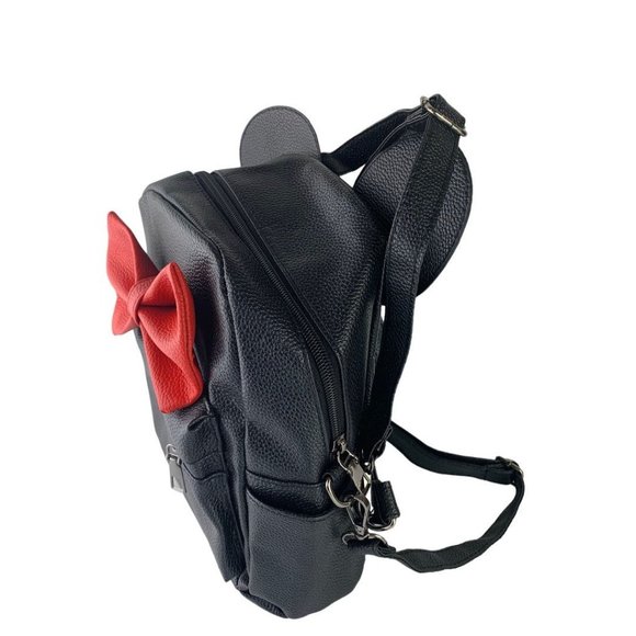 Black Vegan Leather Mini Backpack Ears Bow Adjustable Straps - Picture 3 of 8